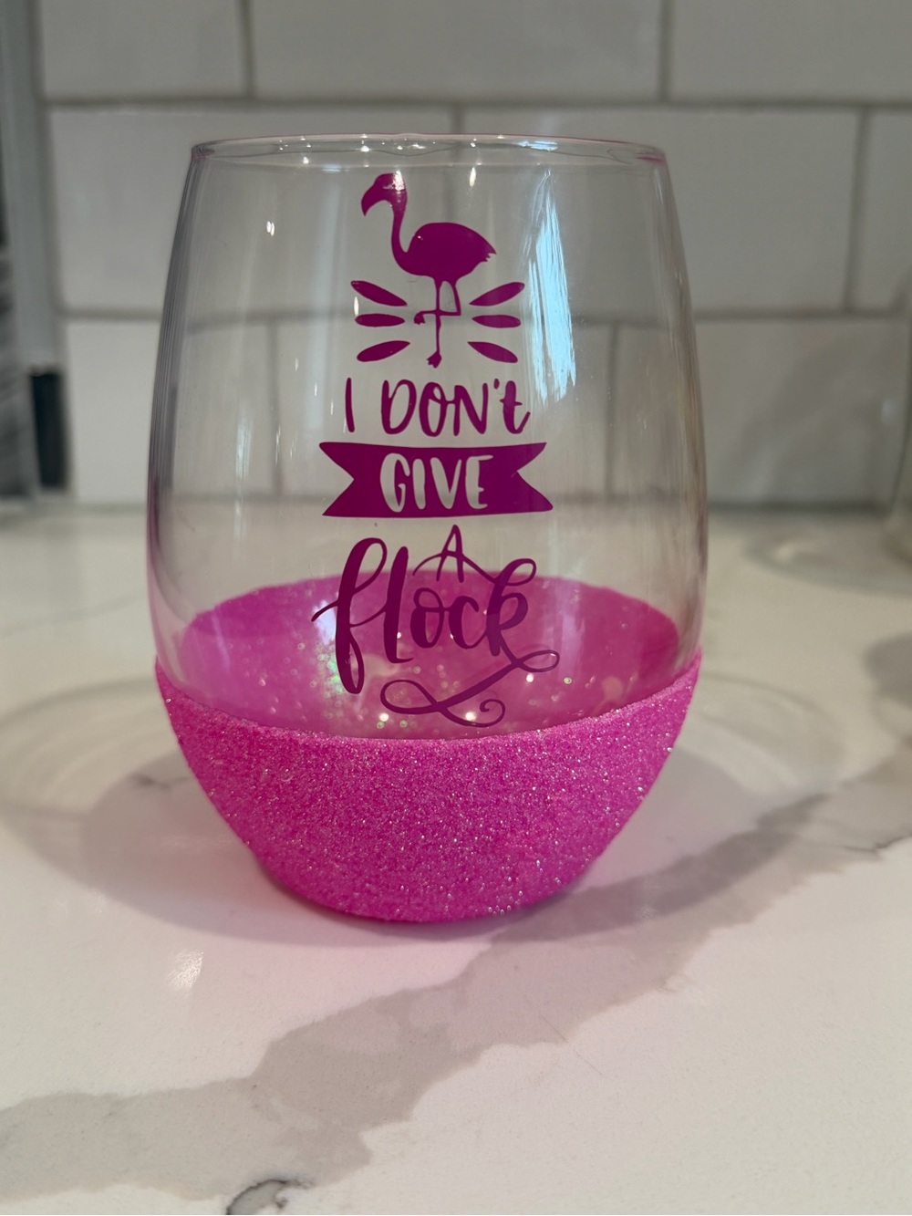 Pink Flamingo Stemless Wine Glass with Glitter Base - Picture 1 of 4